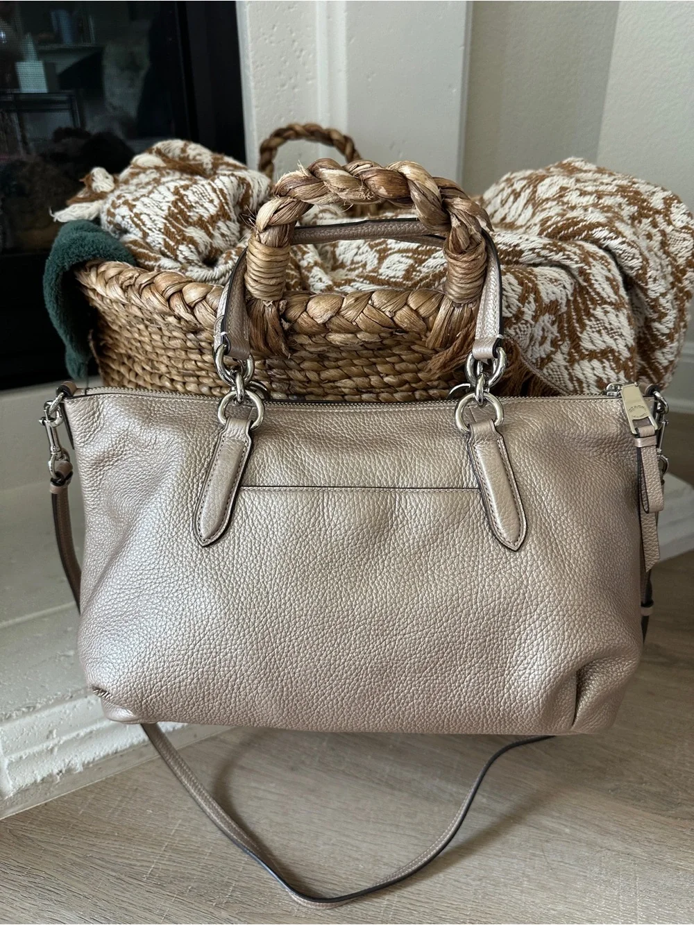 Coach Ally Metallic Tan/Gold Pebbled Leather Carryall Bag w/silver hardware